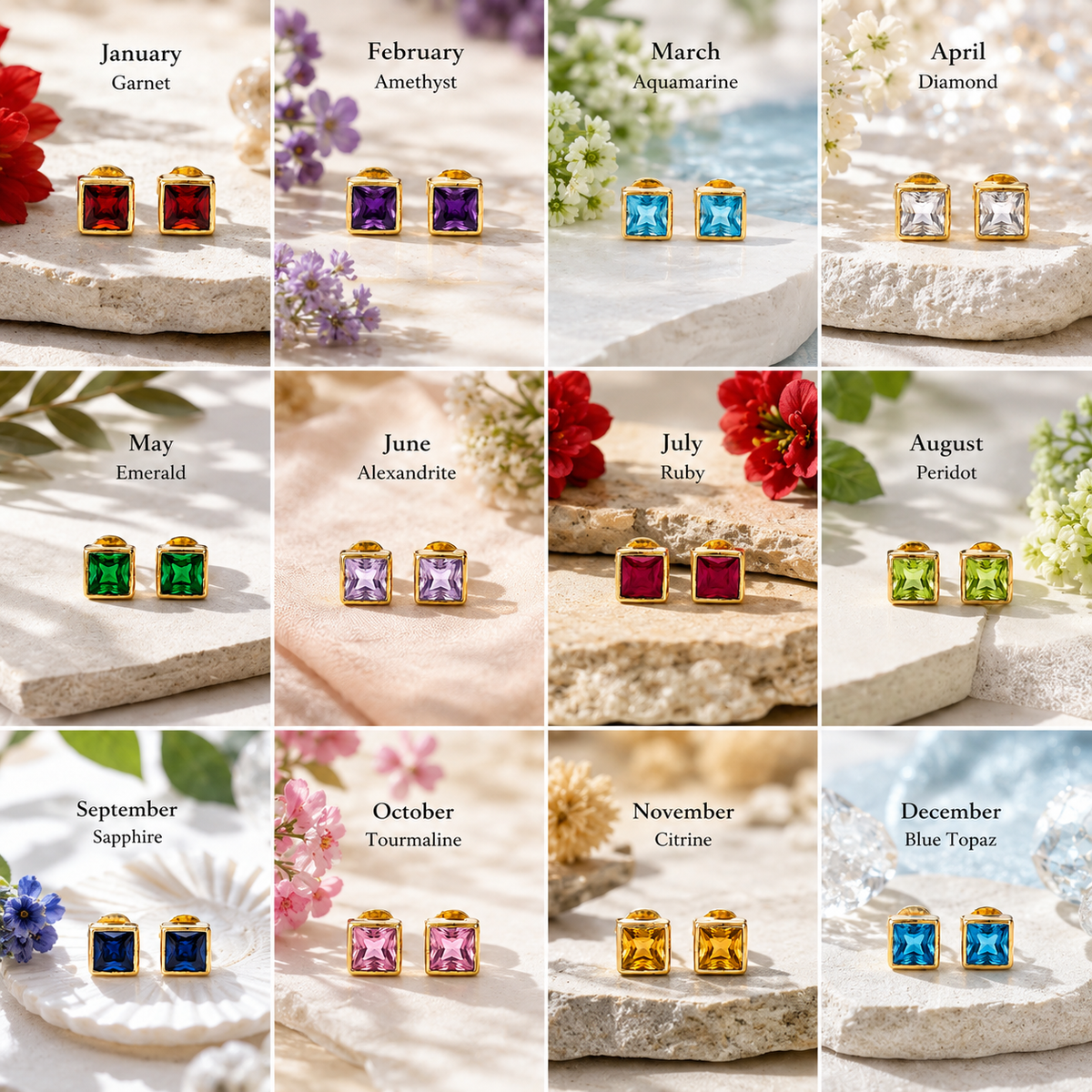 Personalized Birthstone Square Stud Earrings – 12 Month Gemstone Gold Plated Earrings