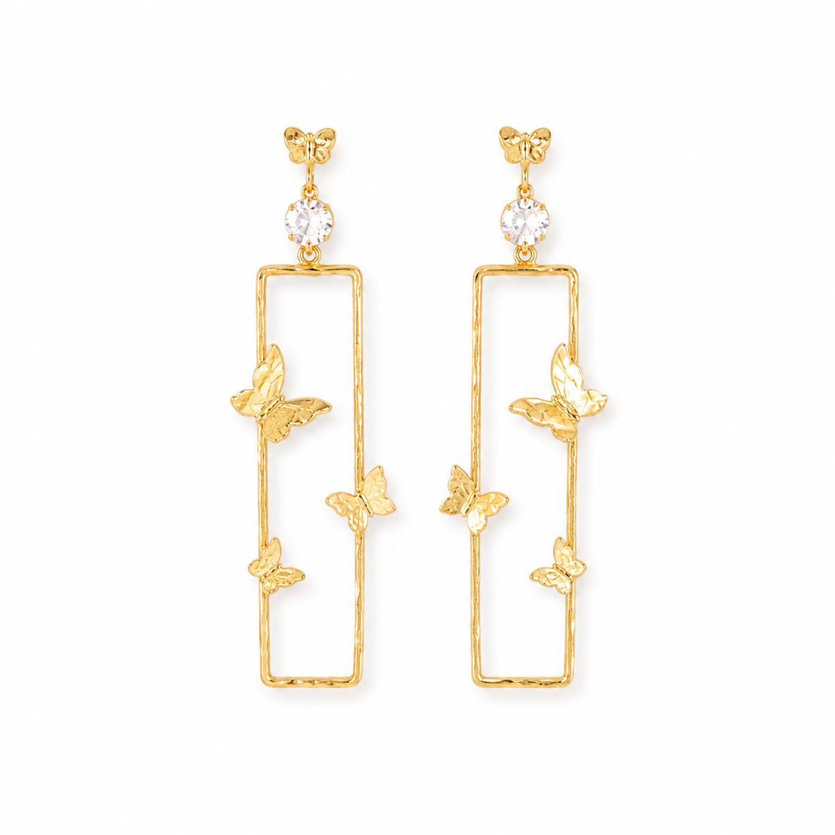 A pair of gold-toned dangle earrings with a tall rectangular open frame, small butterfly motifs, and a clear round crystal at the top, shown on a plain white background.