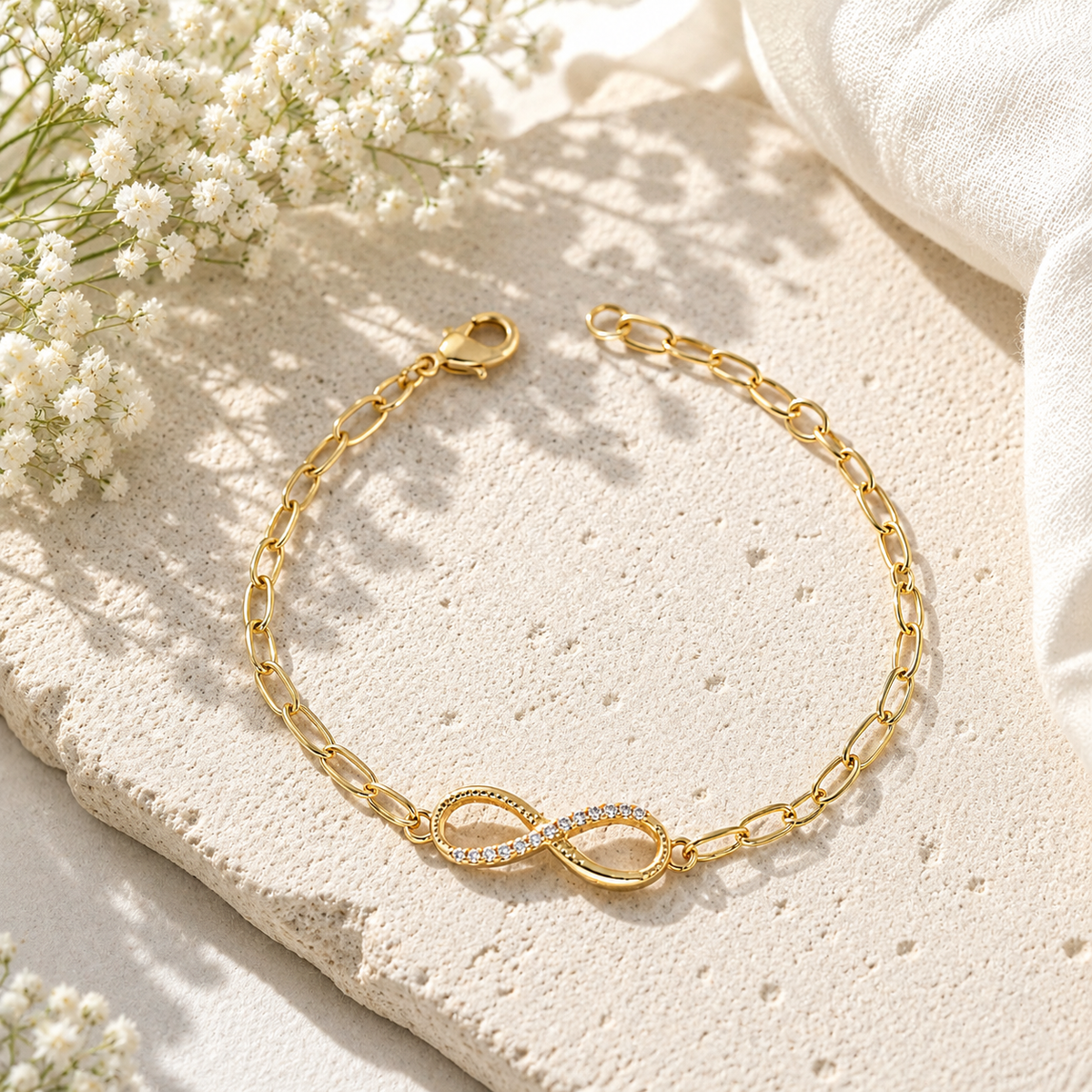 Gold Plated Infinity Bracelet with Sparkling Stones – Delicate Chain Bracelet for Women