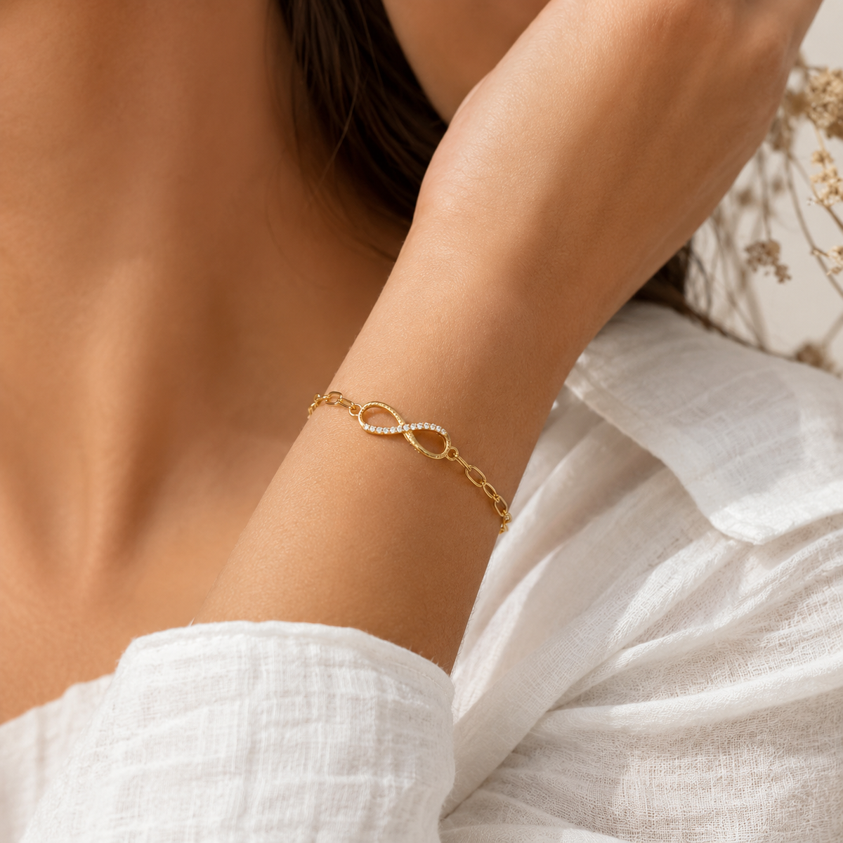 Gold Plated Infinity Bracelet with Sparkling Stones – Delicate Chain Bracelet for Women