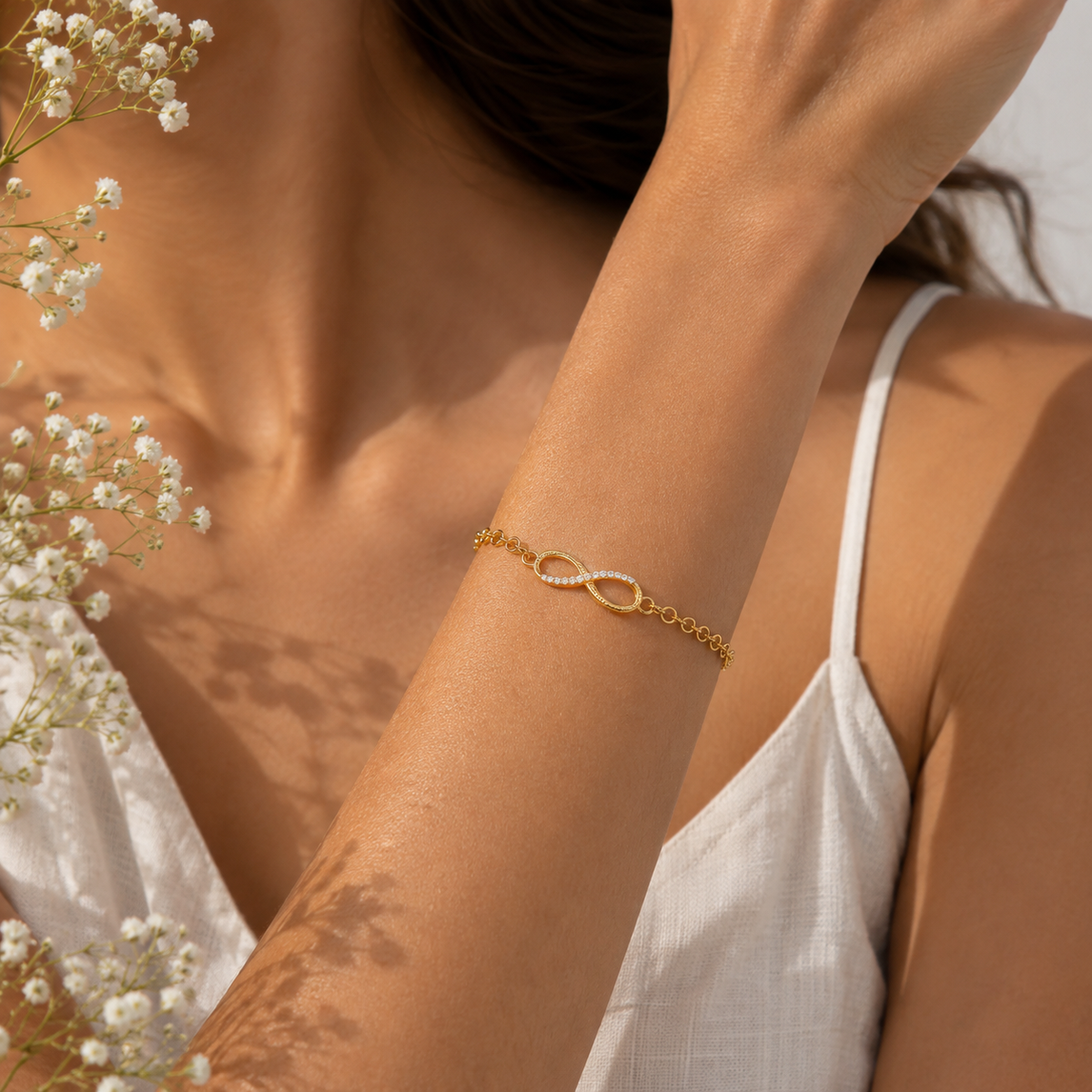Gold Plated Infinity Bracelet with Sparkling Stones – Delicate Chain Bracelet for Women