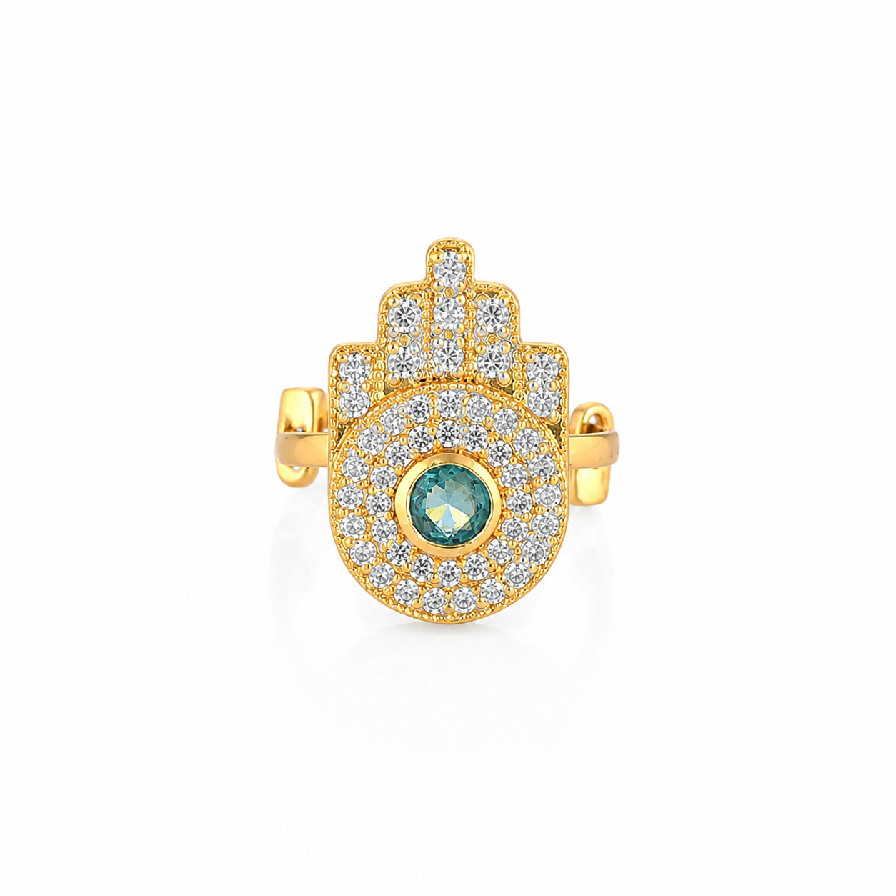 Hamsa Hand Brass Adjustable Ring with Pink Stone & Crystal Pavé – Gold Tone Statement Ring