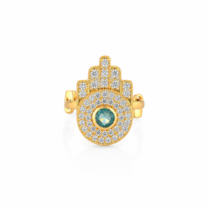 Hamsa Hand Brass Adjustable Ring with Pink Stone & Crystal Pavé – Gold Tone Statement Ring