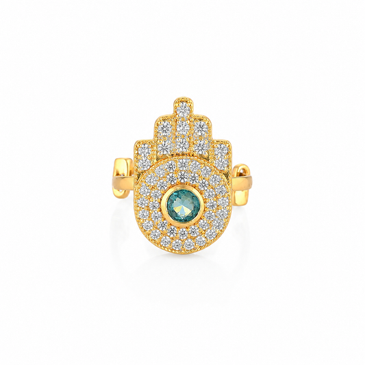 Hamsa Hand Brass Adjustable Ring with Pink Stone & Crystal Pavé – Gold Tone Statement Ring