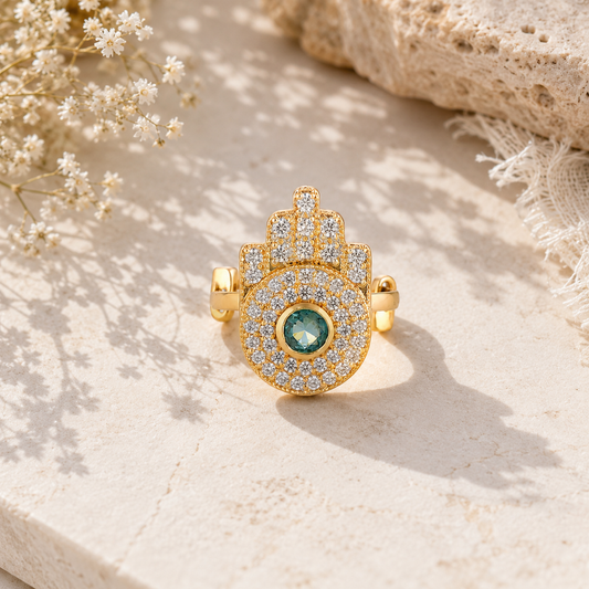 Hamsa Hand Brass Adjustable Ring with Pink Stone & Crystal Pavé – Gold Tone Statement Ring