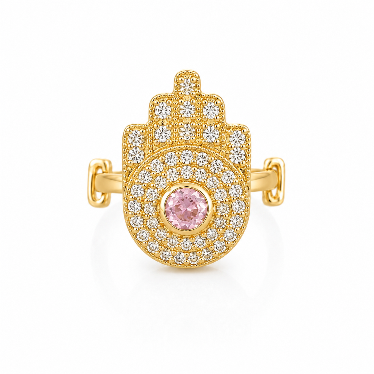 Hamsa Hand Brass Adjustable Ring with Pink Stone & Crystal Pavé – Gold Tone Statement Ring