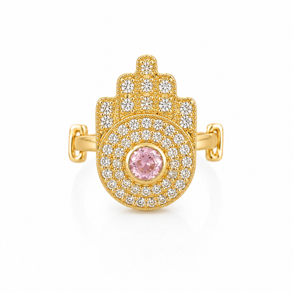 Hamsa Hand Brass Adjustable Ring with Pink Stone & Crystal Pavé – Gold Tone Statement Ring