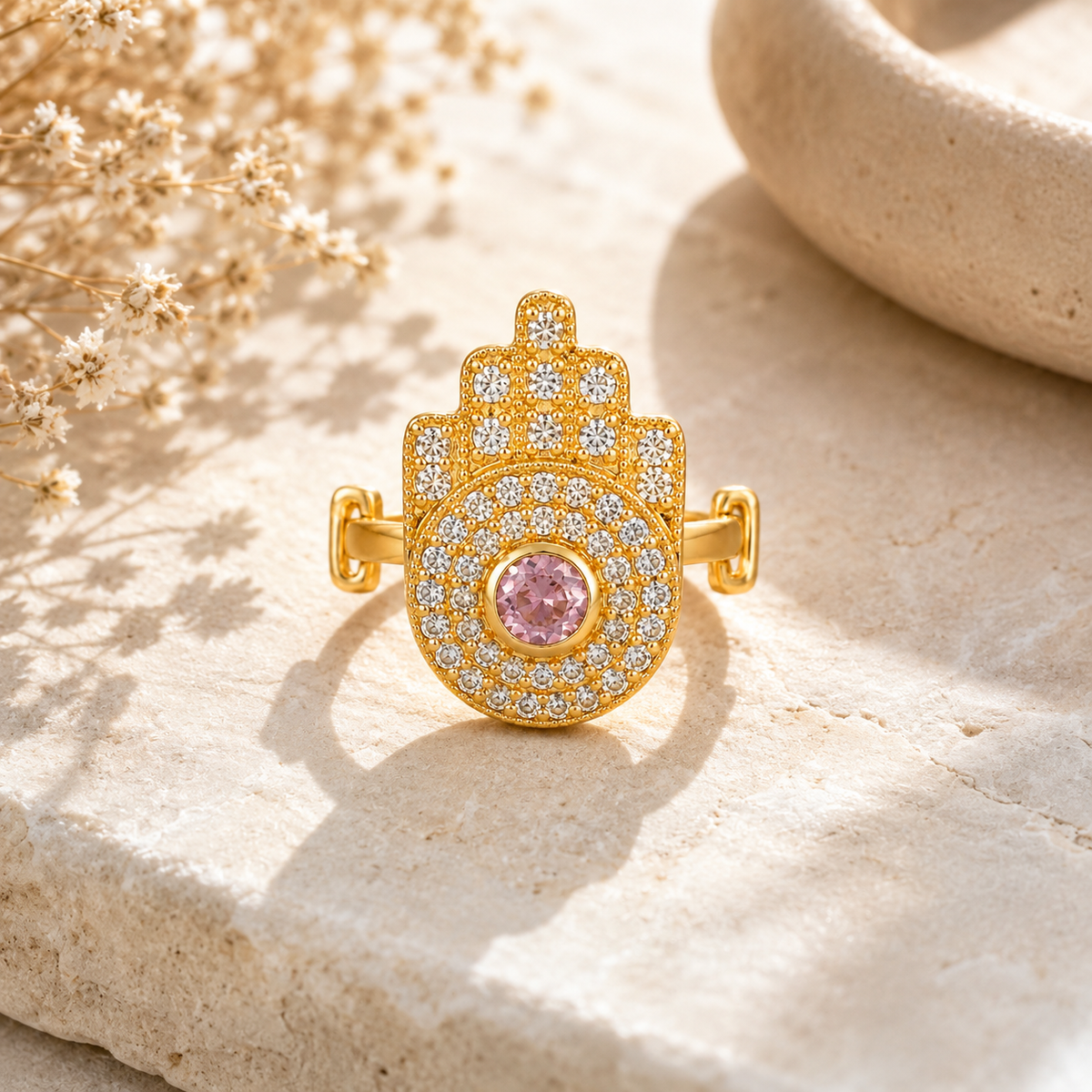 Hamsa Hand Brass Adjustable Ring with Pink Stone & Crystal Pavé – Gold Tone Statement Ring