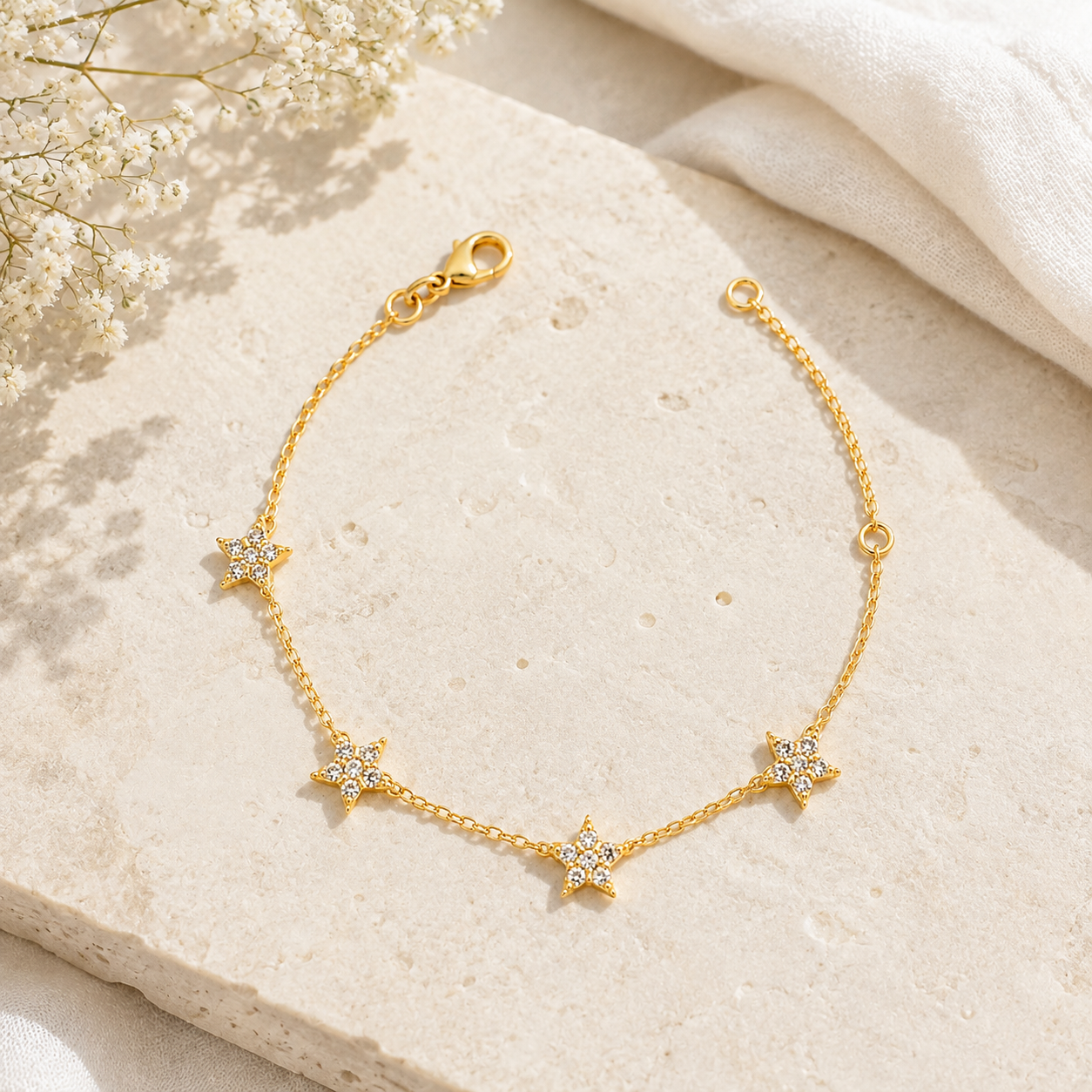 Gold Crystal Star Charm Bracelet for Women | Dainty Celestial Brass Bracelet
