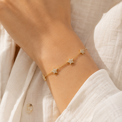 Gold Crystal Star Charm Bracelet for Women | Dainty Celestial Brass Bracelet