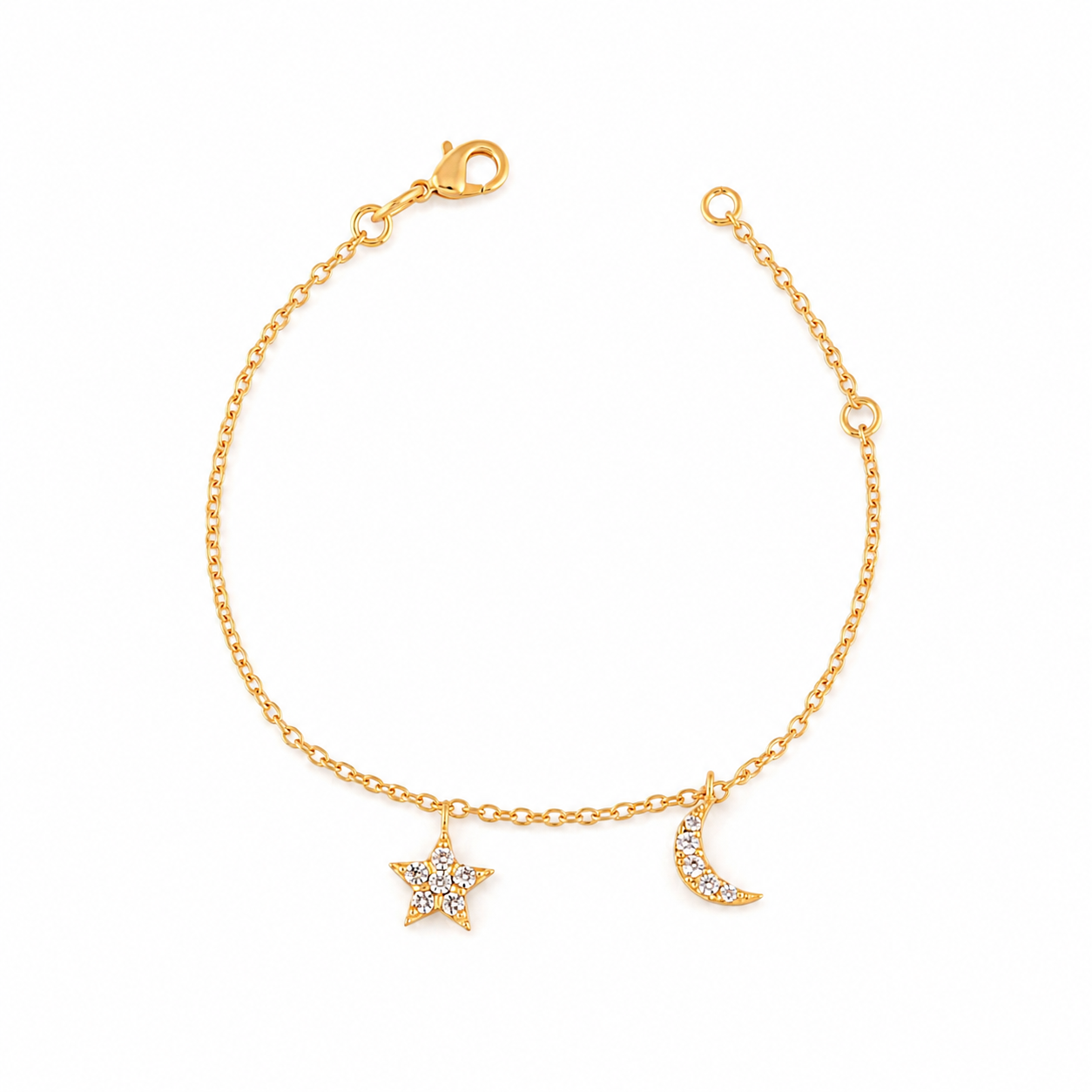 Gold Star & Moon Crystal Charm Bracelet for Women | Celestial Brass Bracelet