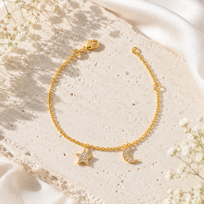 Gold Star & Moon Crystal Charm Bracelet for Women | Celestial Brass Bracelet