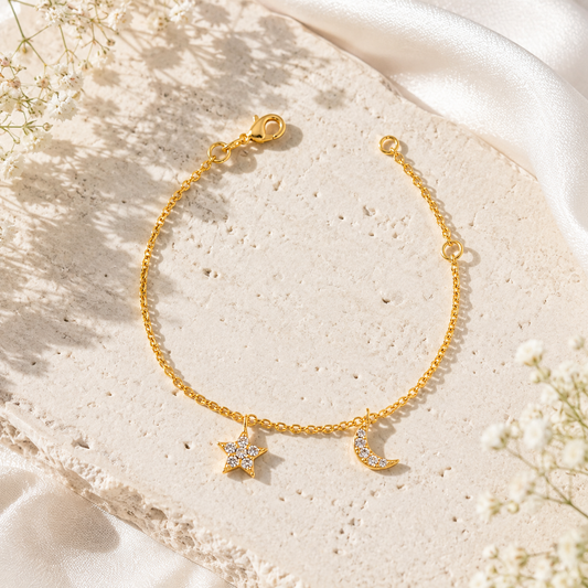 Gold Star & Moon Crystal Charm Bracelet for Women | Celestial Brass Bracelet