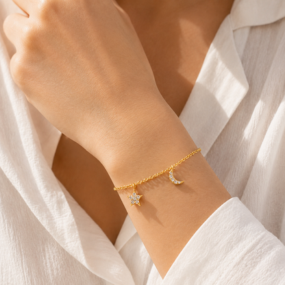 Gold Star & Moon Crystal Charm Bracelet for Women | Celestial Brass Bracelet