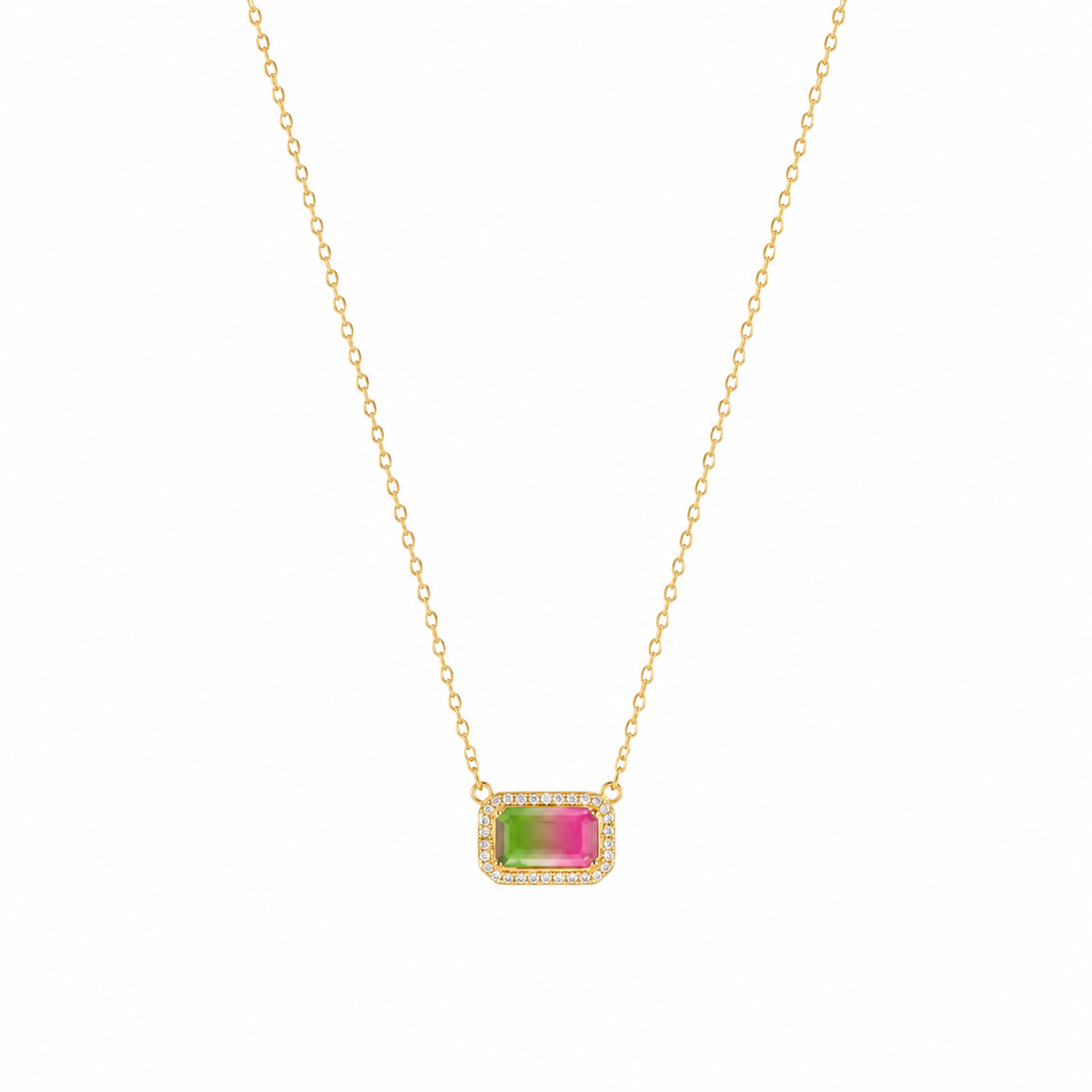 Multicolor Emerald-Cut Crystal Pendant Necklace with Halo – Gold Tone