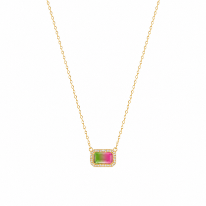 Multicolor Emerald-Cut Crystal Pendant Necklace with Halo – Gold Tone