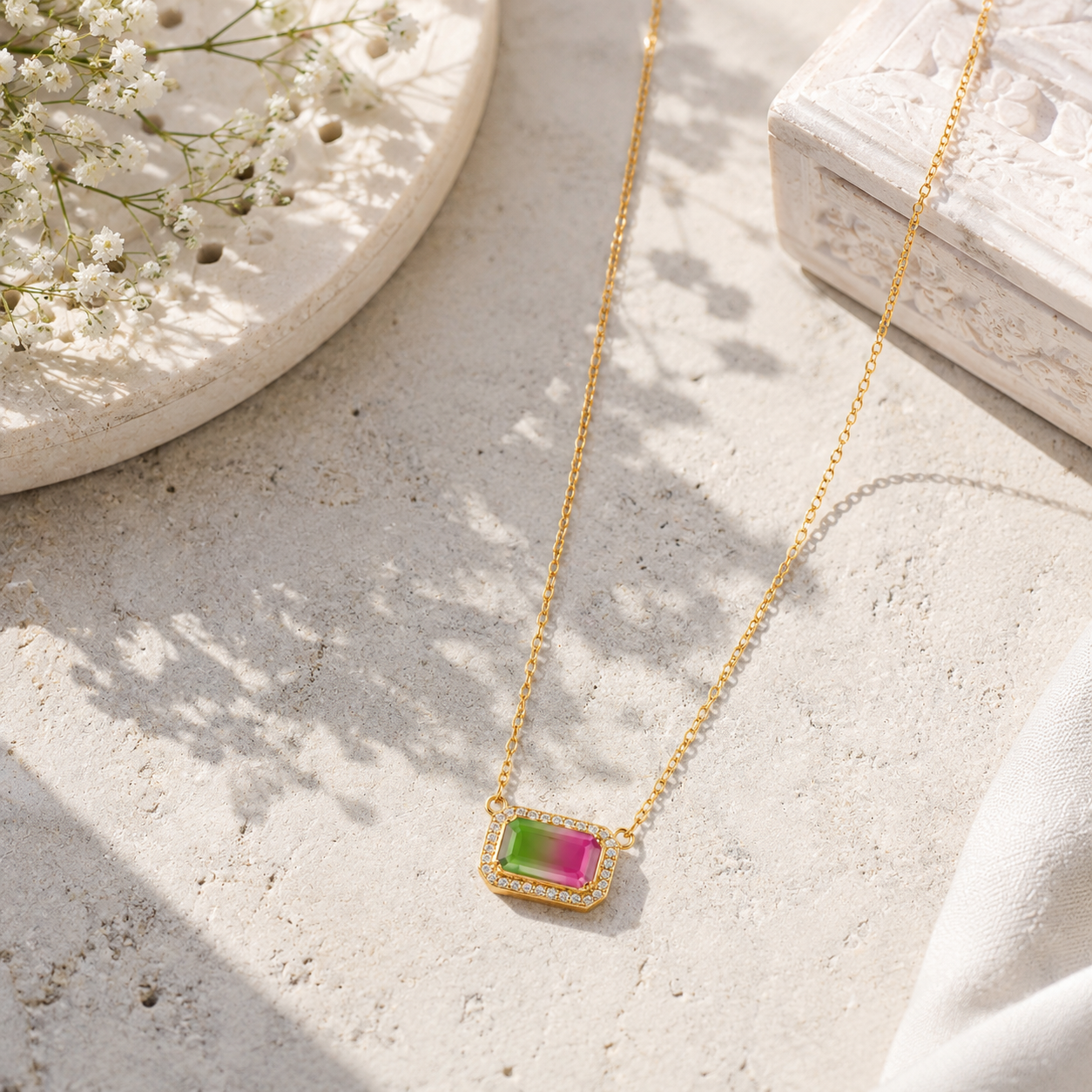 Multicolor Emerald-Cut Crystal Pendant Necklace with Halo – Gold Tone