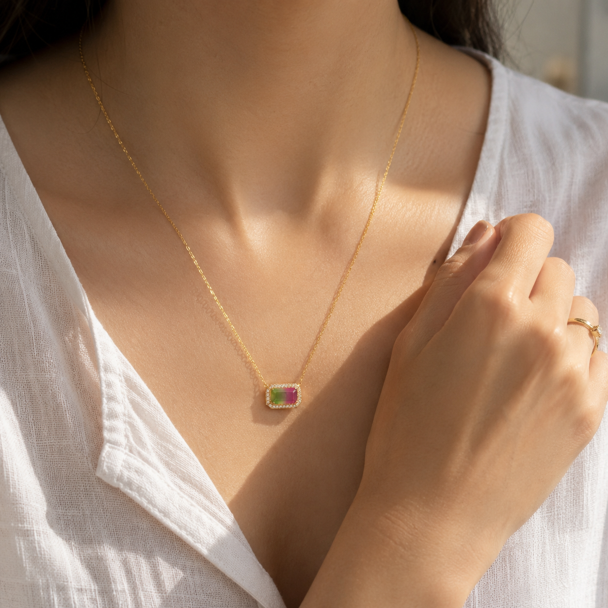 Multicolor Emerald-Cut Crystal Pendant Necklace with Halo – Gold Tone