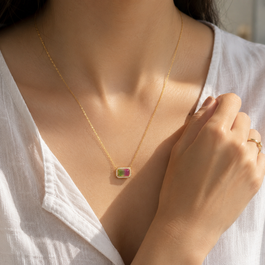 Multicolor Emerald-Cut Crystal Pendant Necklace with Halo – Gold Tone