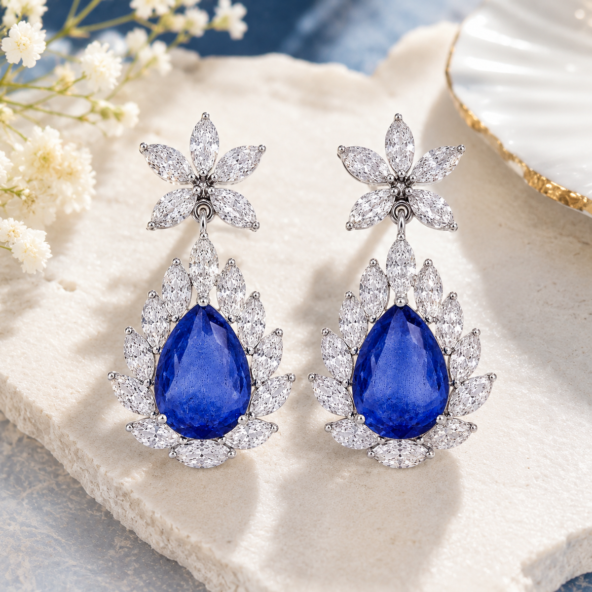 925 Silver Blue Sapphire Doublet Drop Earrings – Pear Cut Statement Earrings for Women