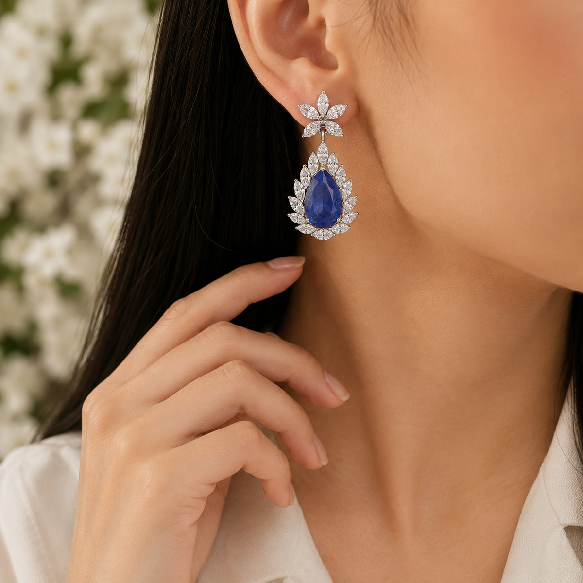 925 Silver Blue Sapphire Doublet Drop Earrings – Pear Cut Statement Earrings for Women