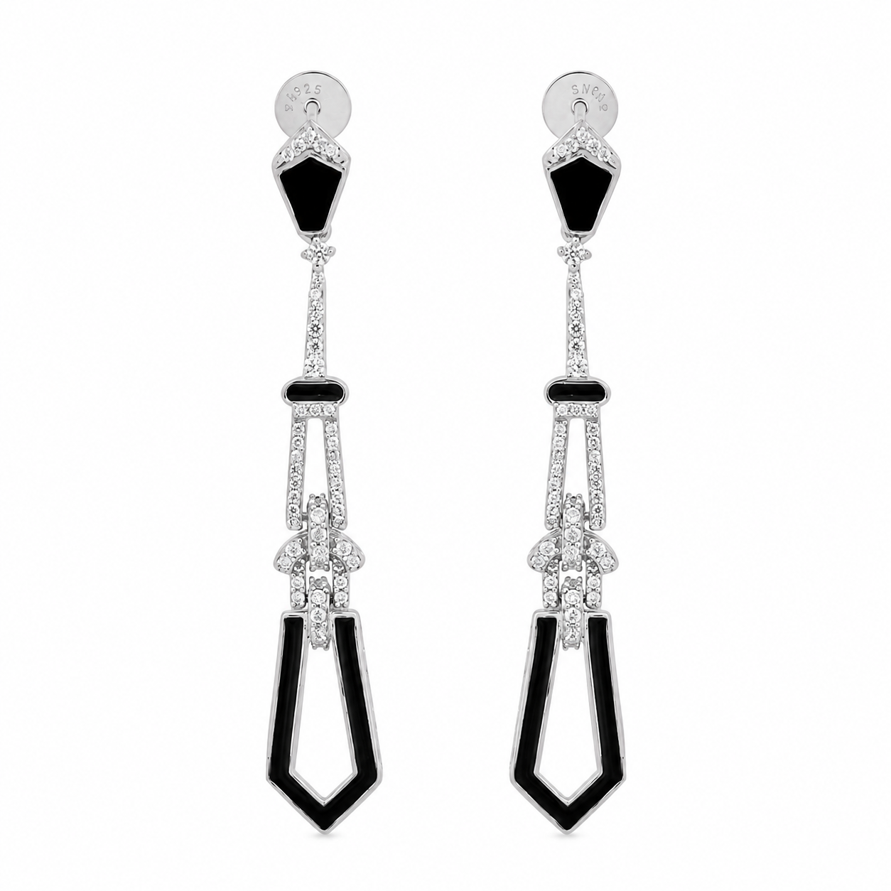 925 Silver Black Enamel Geometric Drop Earrings – Statement Dangle Earrings for Women