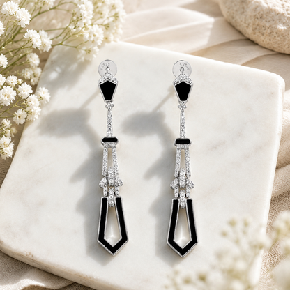 925 Silver Black Enamel Geometric Drop Earrings – Statement Dangle Earrings for Women