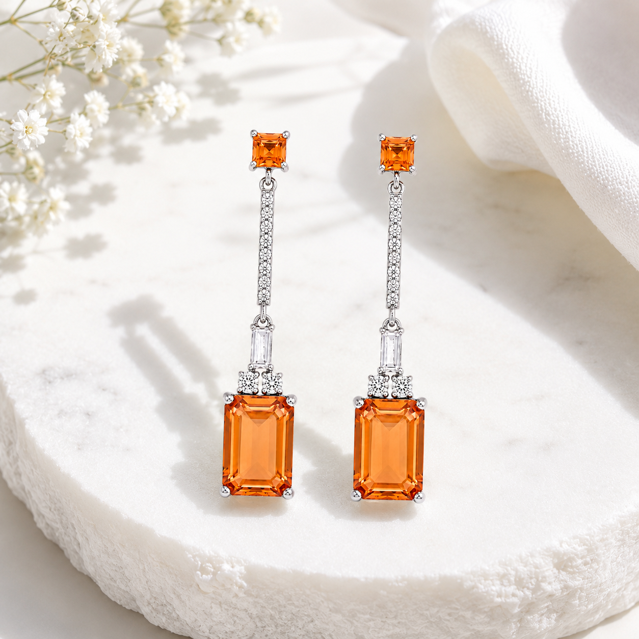 925 Silver Citrine Drop Earrings – Emerald Cut Statement Earrings for Women