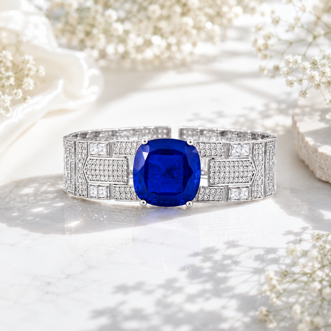Sapphire Doublet Pave Cuff 925 Silver Bracelet