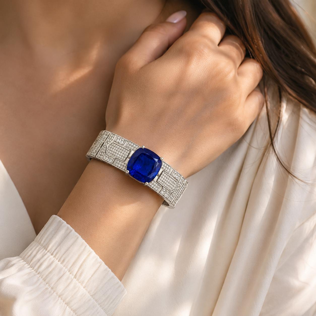 Sapphire Doublet Pave Cuff 925 Silver Bracelet