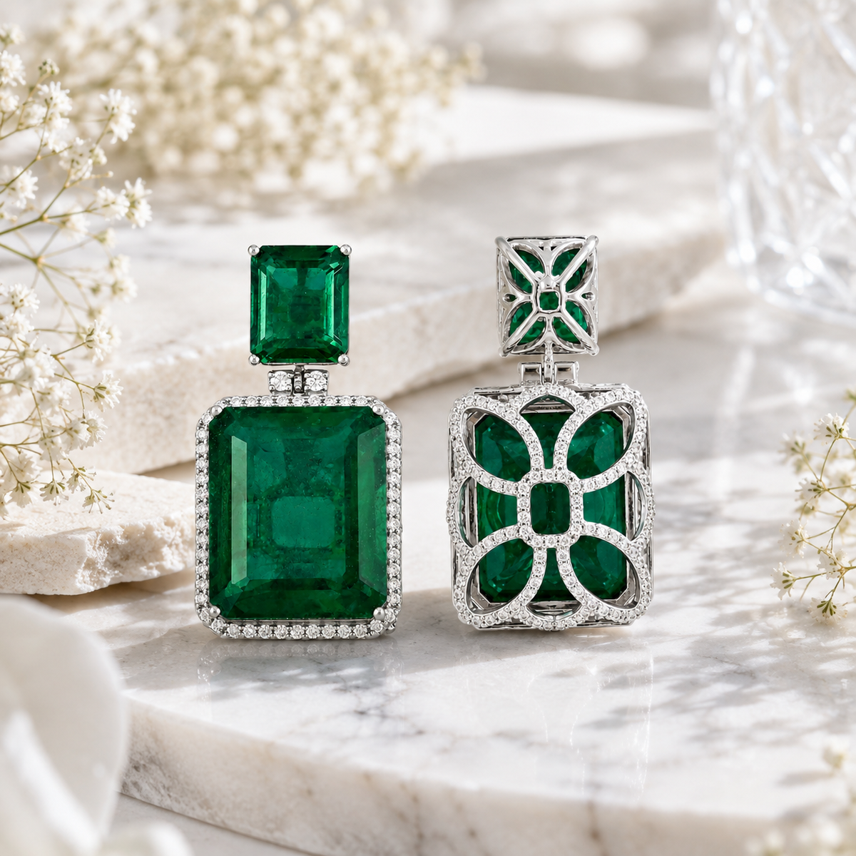 925 Silver Emerald Doublet Statement Drop Earrings
