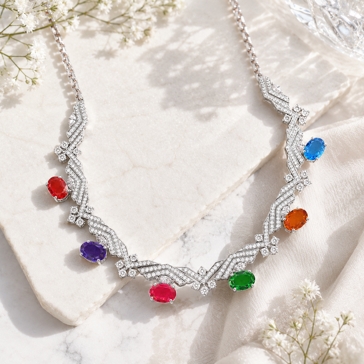Multicolor Gemstone Statement Necklace – 925 Silver Sparkling Designer Necklace for Women