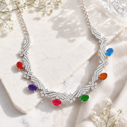 Multicolor Gemstone Statement Necklace – 925 Silver Sparkling Designer Necklace for Women