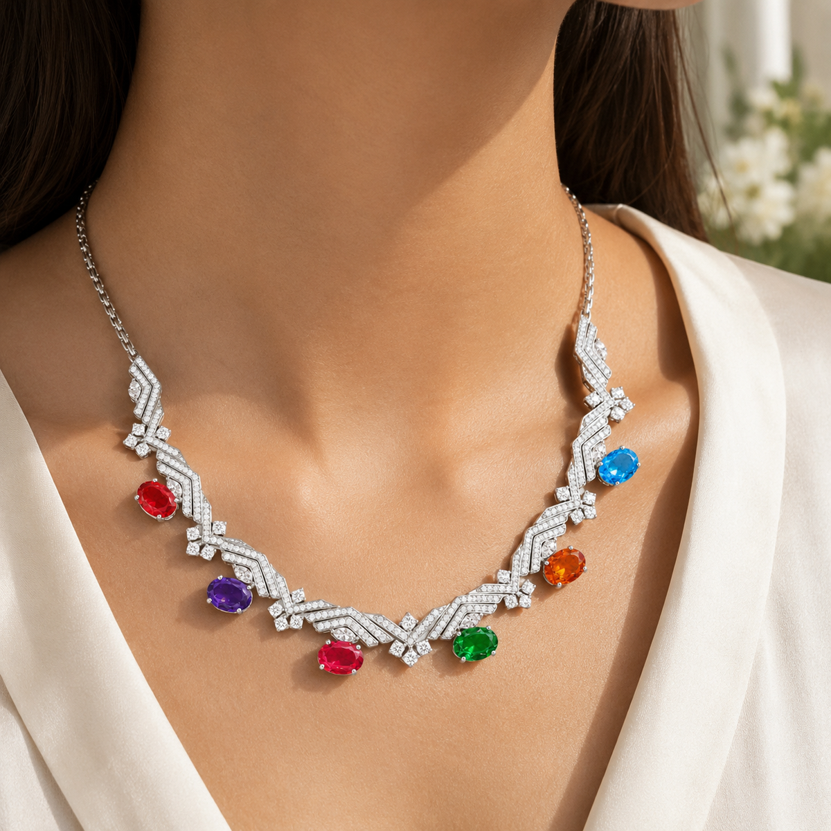 Multicolor Gemstone Statement Necklace – 925 Silver Sparkling Designer Necklace for Women