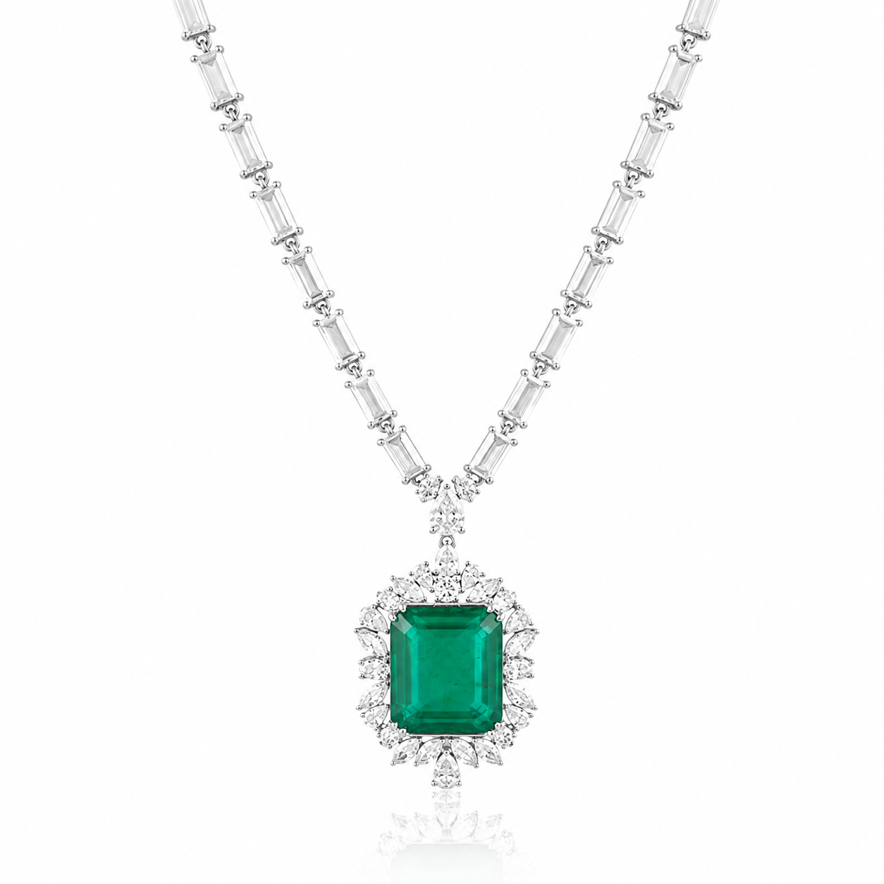 925 Silver Emerald Doublet Statement Necklace – Emerald Cut Pendant with White Stones
