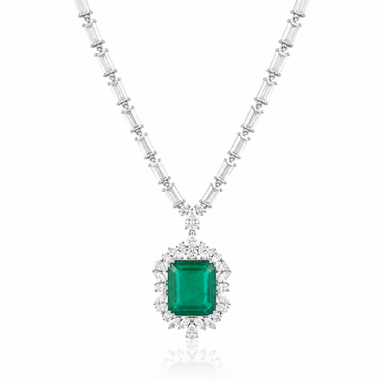 925 Silver Emerald Doublet Statement Necklace – Emerald Cut Pendant with White Stones