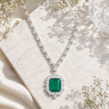 925 Silver Emerald Doublet Statement Necklace – Emerald Cut Pendant with White Stones