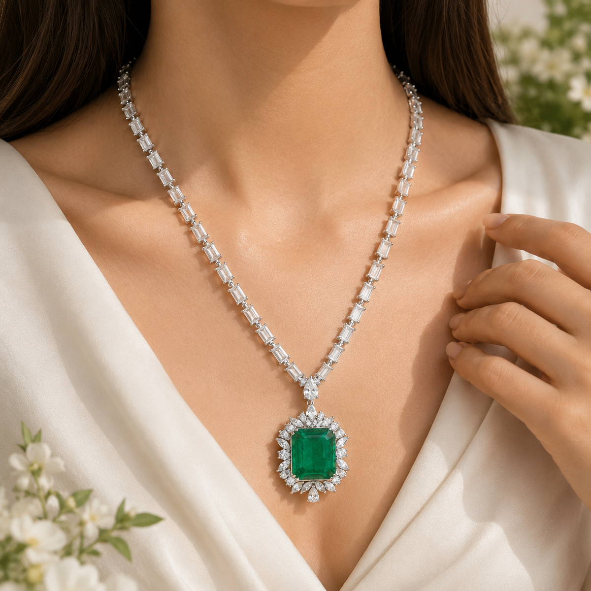 925 Silver Emerald Doublet Statement Necklace – Emerald Cut Pendant with White Stones