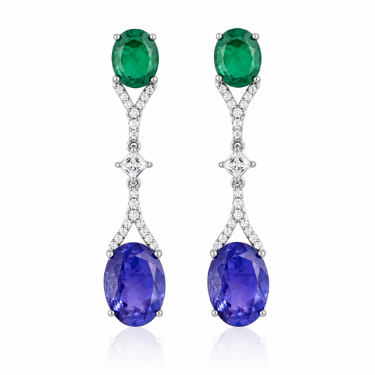 Emerald & Tanzanite Oval CZ Drop Earrings – 925 Sterling Silver Statement Earrings
