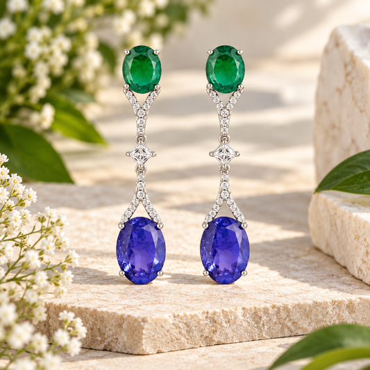 Emerald & Tanzanite Oval CZ Drop Earrings – 925 Sterling Silver Statement Earrings