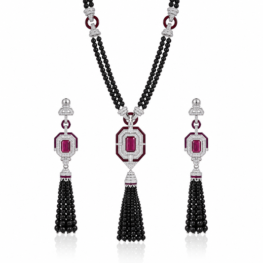 Black Beaded Ruby Statement CZ Necklace & Earrings Set – 925 Sterling Silver Tassel Jewellery