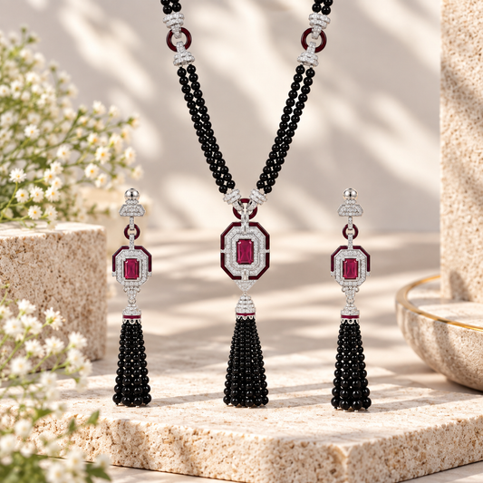 Black Beaded Ruby Statement CZ Necklace & Earrings Set – 925 Sterling Silver Tassel Jewellery