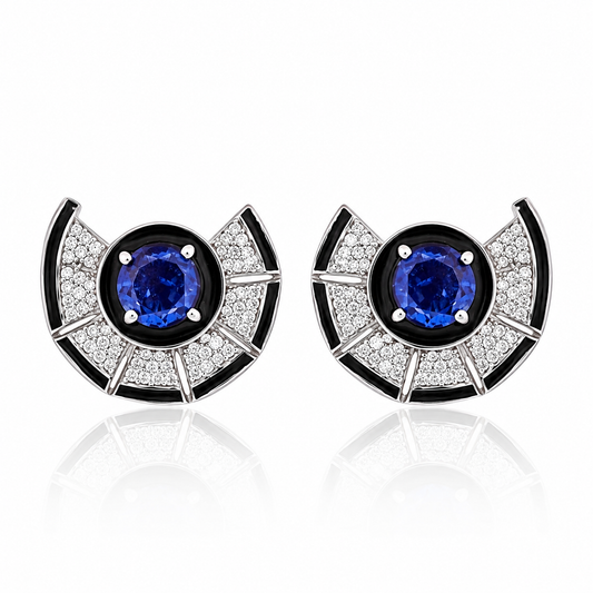 Blue Sapphire CZ & Black Enamel 925 Sterling Silver Stud Earrings