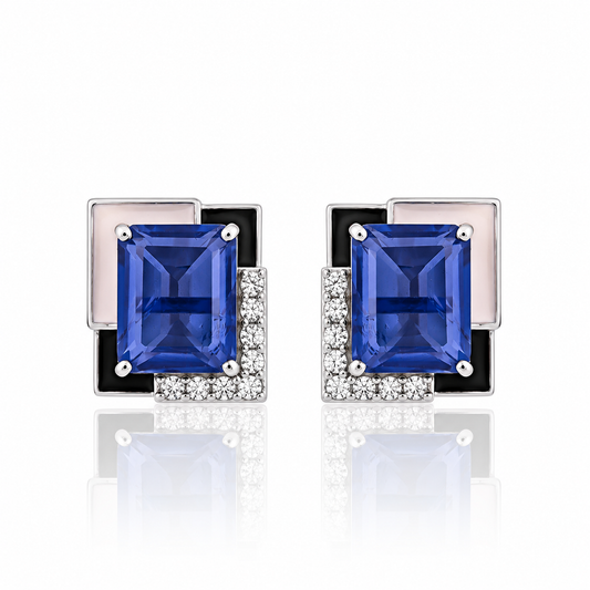 Blue Sapphire CZ Geometric Stud Earrings with Black Enamel & Pavé Stones