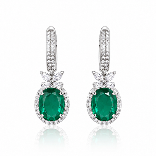 Oval Emerald CZ Halo Drop Earrings – 925 Sterling Silver Statement Earrings
