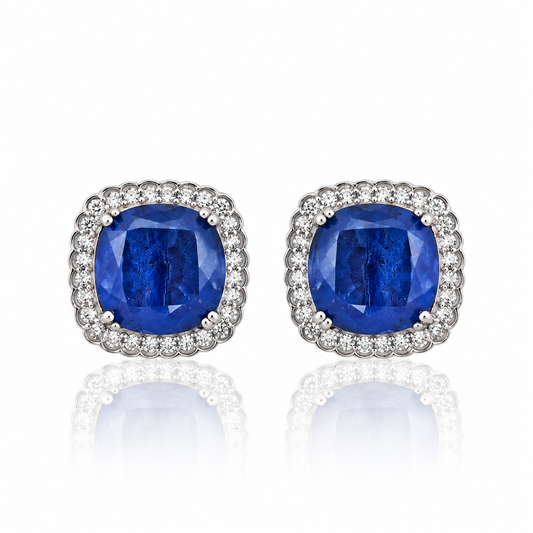Cushion Blue Sapphire Doublet Halo Stud Earrings – Sterling Silver Statement Earrings