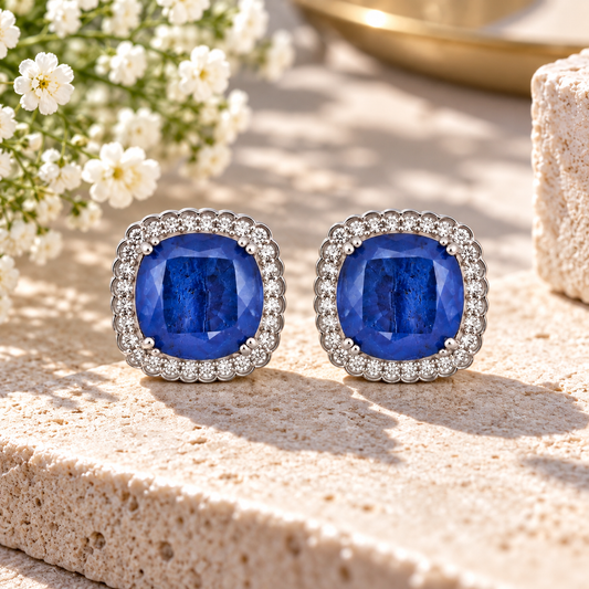 Cushion Blue Sapphire Doublet Halo Stud Earrings – Sterling Silver Statement Earrings