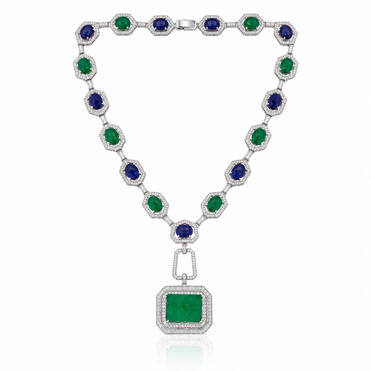 Emerald & Blue Sapphire Doublet Statement Necklace with Carved Green Pendant & Crystal Halo