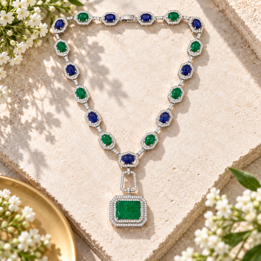 Emerald & Blue Sapphire Doublet Statement Necklace with Carved Green Pendant & Crystal Halo