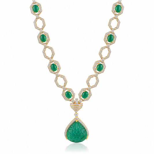 Green Carved Gemstone Doublet & Crystal Statement Necklace – Gold Tone Pendant Necklace for Women